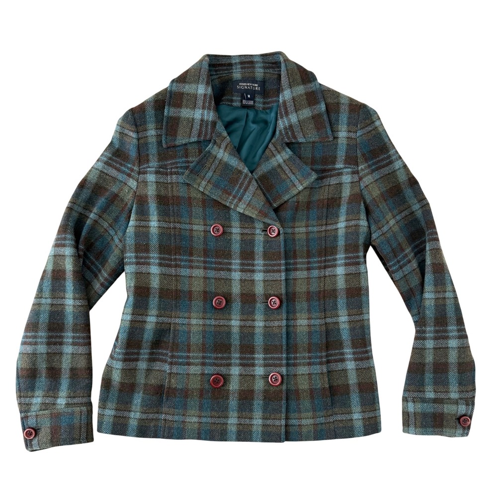 Green Plaid Lambswool Blazer Womens M Double Breasted Preppy Ivy League Academia